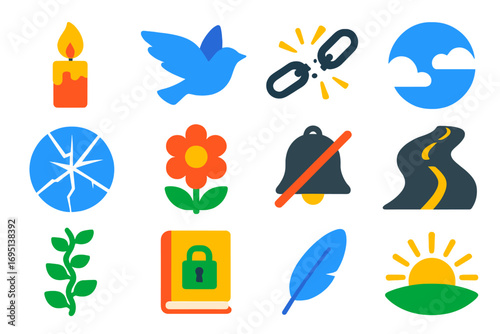 Bold Metaphorical Icons. Flat vector icons of metaphors and symbols: burning candle, flying bird, breaking chain, open sky,