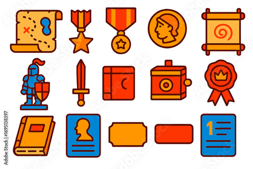 Historical Collectibles Icons. Flat vector icons of historical collectibles: old map, war medal, ancient coin, scroll, knight
