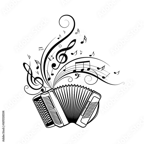 Accordion with musical notes and flowing melodies in black and white  