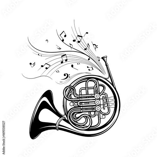 French horn with musical notes in artistic black and white design  