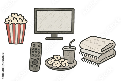 Movie Night Essentials. Movie night doodle set: hand drawn icons for popcorn, remote, screen, snacks, and cozy blankets, isolated