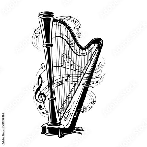 Black and white harp illustration with musical notes background  