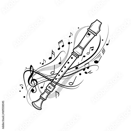 Recorder instrument with musical notes in artistic sketch style  