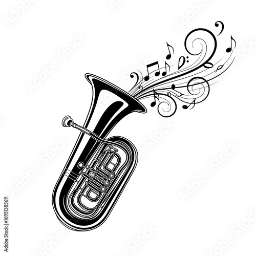Tuba musical instrument with flowing notes in minimalist design  
