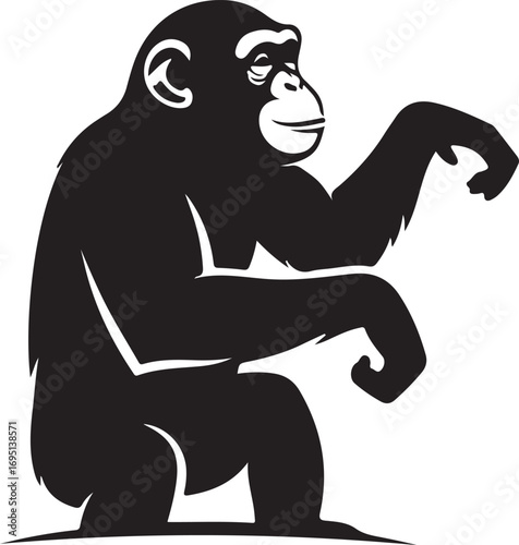 Illustrative chimpanzee in black and white posing with a thoughtful expression sitting gracefully against a clean white background perfect for educational resources and creative projects