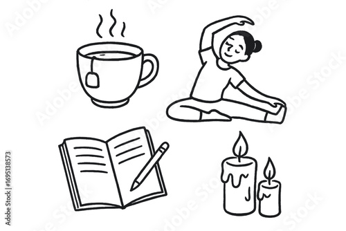 Evening Relaxation Icons. Mom’s evening unwind doodle set: hand drawn icons for tea, stretching, journaling, and candles, isolated