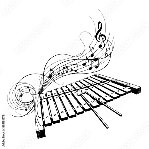 Xylophone illustration with musical notes and flowing lines  