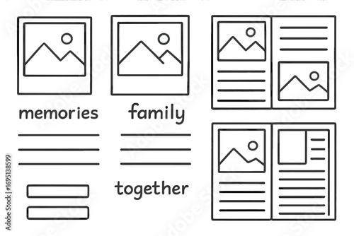 Family Memory Icons. Family memory book doodle set: hand drawn icons for printed photos, captions, and page layouts, isolated
