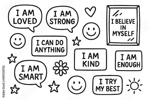Kids Affirmation Icons. Kids affirmations doodle set: hand drawn icons for positivity cards, mirror prompts, and smile icons,