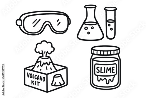Science Experiment Doodles. Kids science experiments doodle set: hand drawn icons for goggles, beakers, volcano kits, and slime