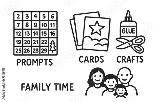 Hand-Drawn Advent Icons. Screen-free advent calendar doodle set: hand drawn icons for prompts, cards, crafts, and family time,