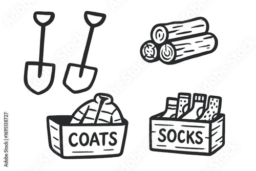 Winter Chore Icons. Winter chore board doodle set: hand drawn icons for shovel icons, firewood, coat bins, and sock drawers,