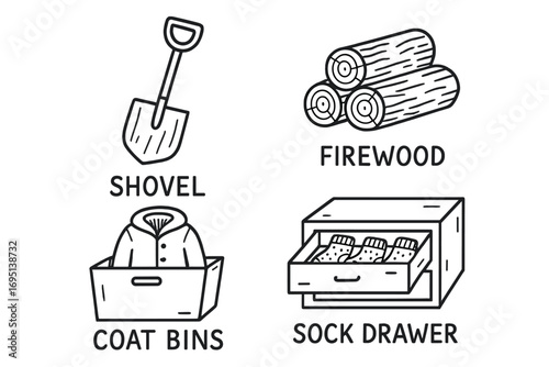 Winter Chore Icons. Winter chore board doodle set: hand drawn icons for shovel icons, firewood, coat bins, and sock drawers,