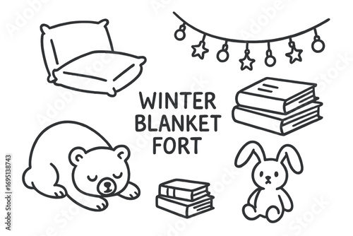 Cozy Fort Doodles. Winter blanket fort doodle set: hand drawn icons for couch cushions, fairy lights, books, and plushies,
