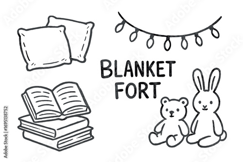 Cozy Fort Doodles. Winter blanket fort doodle set: hand drawn icons for couch cushions, fairy lights, books, and plushies,