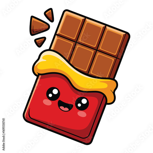 A cute chocolate bar character with a happy face, partially unwrapped with golden foil a sweet and playful design