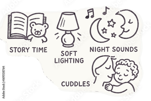 Bedtime Doodle Icons. Toddler bedtime wind-down doodle set: hand drawn icons for story time, soft lighting, night sounds, and