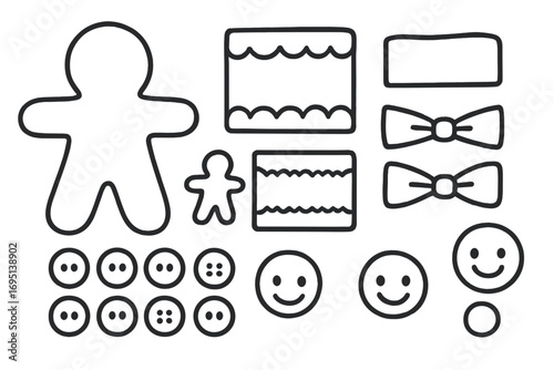 Gingerbread Craft Doodles. Gingerbread man paper craft kit doodle set: hand drawn icons for templates, buttons, bows, and smiling