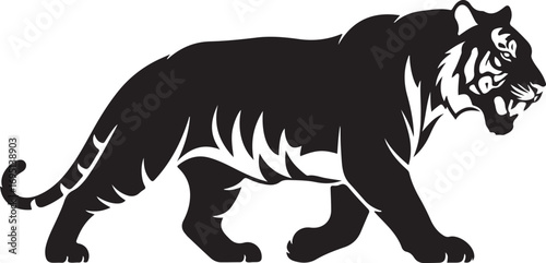 Majestic Tiger Silhouette Stroll A Powerful Feline Walking with Striking Black and White Contrast An Animal Kingdom Emblem of Strength and Grace