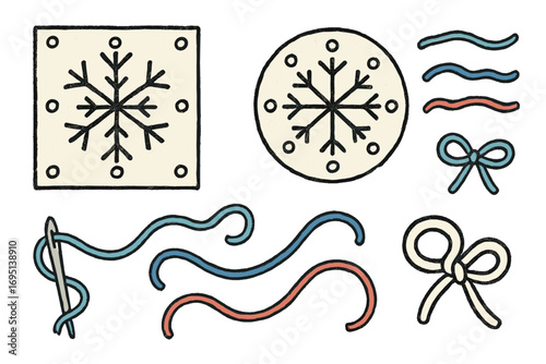 Snowflake Lacing Doodle Set. Snowflake lacing practice doodle set: hand drawn icons for lacing cards, colorful strings, and knot