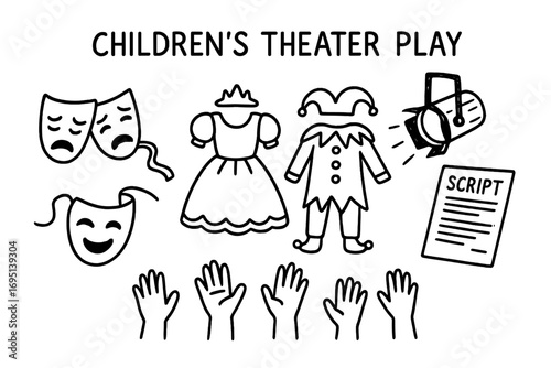 Children's Theater Doodles. Children’s theater play doodle set: hand drawn icons for stage masks, costumes, scripts, spotlight,