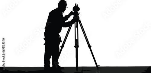 Silhouette of construction surveyor using theodolite, tripod equipment, site measurement, civil engineering, worker with helmet, land surveying, outdoor industrial work