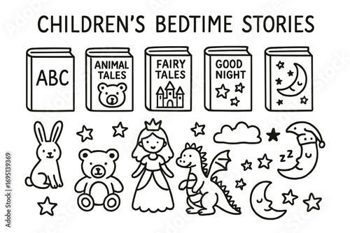 Bedtime Story Doodles. Children’s bedtime story collection doodle set: hand drawn icons for classic books, animal tales, fairytale