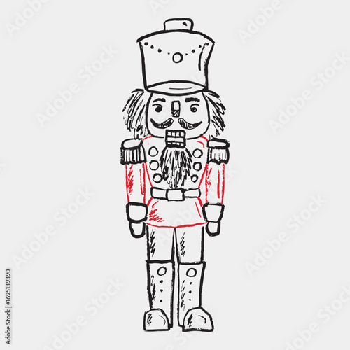 Vector sketch illustration in vintage crayon style. Hand-drawn nutcracker figure in uniform with a hat and a beard, a classic symbol of Christmas. Print design, Christmas decoration.