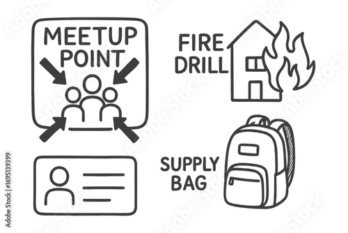 Family Emergency Icons. Family emergency plan doodle set: hand drawn icons for meetup point, fire drill, contact card, and supply