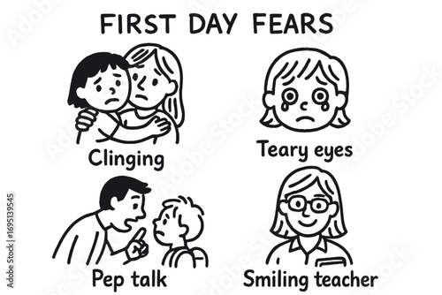 First Day School Doodles. First day fears doodle set: hand drawn icons for clinging, teary eyes, pep talk, and smiling teacher,