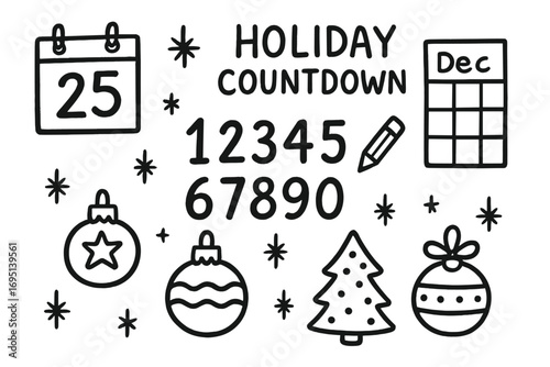 Holiday Countdown Doodles. Holiday countdown doodle set: hand drawn icons for calendars, numbers, ornaments, and festive planning,