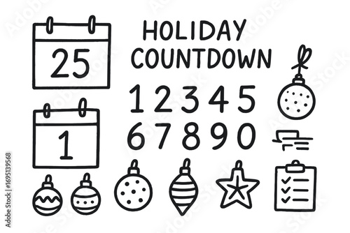 Holiday Countdown Doodles. Holiday countdown doodle set: hand drawn icons for calendars, numbers, ornaments, and festive planning,