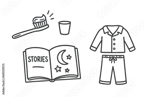 Kids Bedtime Icons. Kids bedtime routine doodle set: hand drawn icons for brushing teeth, storybooks, and pajamas, isolated
