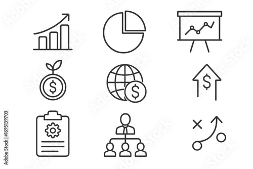 Business Analytics Icons Set – Data Analysis, Statistics, Charts, Graphs, Report Management