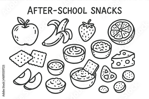 Snack Doodle Icons. After school snacks doodle set: hand drawn icons for fruits, crackers, dips, and small bites, isolated