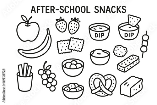 Snack Doodle Icons. After school snacks doodle set: hand drawn icons for fruits, crackers, dips, and small bites, isolated