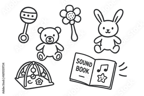 Baby Toy Doodles. Baby playtime doodle set: hand drawn icons for rattles, plush toys, activity mats, and sound books, isolated