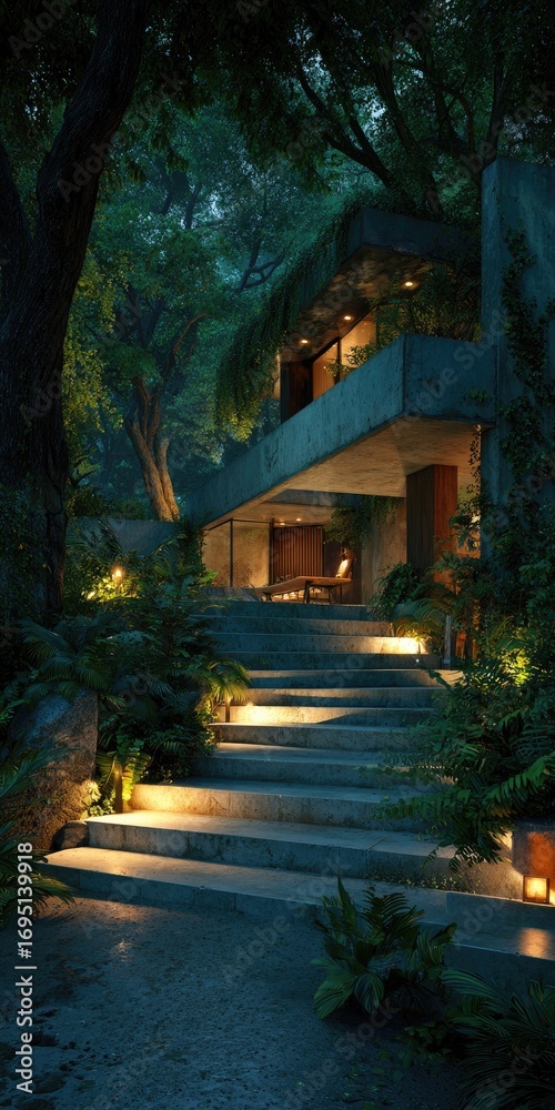 Fototapeta premium Modern concrete house nestled in a lush, dark forest at night, illuminated steps