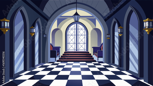 A grand foyer with a gothic arched entrance checkered marble floors and a modern glass chandelier.