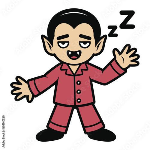 Cute cartoon vampire in pajamas sleeping funny halloween character with zzz sign, wearing red pajamas and waving hand