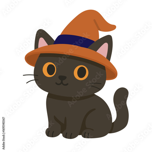 Playful Black Cat Wearing a Fun Orange Hat with a Blue Band, Perfect for Halloween or Festive Occasions, Showcasing a Cute Character and Whimsical Design