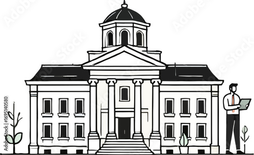 Black and White Illustration of Classical Building Man Holding Tablet