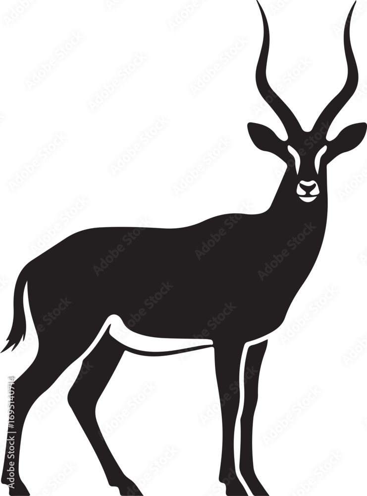 Fototapeta premium Elegant Black Impala Silhouette Against White Background Standing Tall with Graceful Posture and Prominent Horns in Detailed Animal Vector Illustration