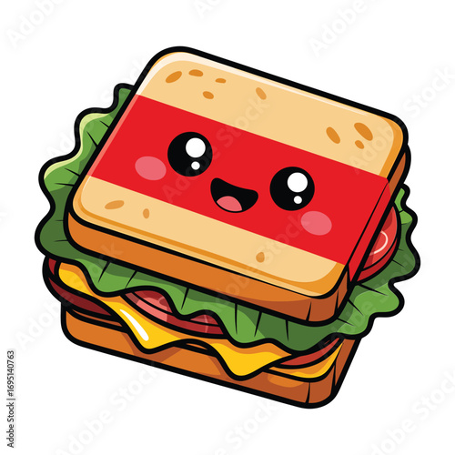 Cute sandwich with a smiling face cartoon sandwich with cheese, ham, lettuce, and bread vector illustration of a sandwich