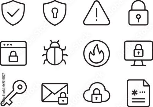 Cybersecurity and data protection icons with locks, shields, and bugs checkmark