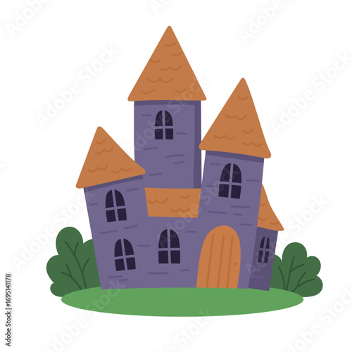 A whimsical, vividly colored castle illustration with three pointy towers set in a lush green environment, showcasing charming architectural details and a welcoming entrance.
