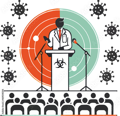 Doctor in White Coat Addressing Audience on Podium with Biohazard Symbol and Virus Icons