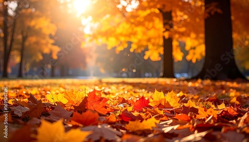 Wallpaper Mural A warm autumn scene portrays fallen leaves of brilliant oranges and golds beneath a canopy of golden trees bathed in the sunlight. Torontodigital.ca
