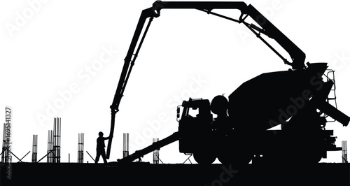 Silhouette of construction worker guiding concrete pump truck, rebar columns, cement pouring, construction site machinery, civil engineering progress scene