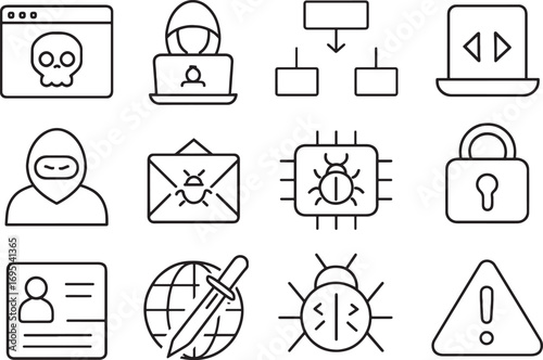 Cybersecurity and Hacking Icons Collection on White Background data breach virus